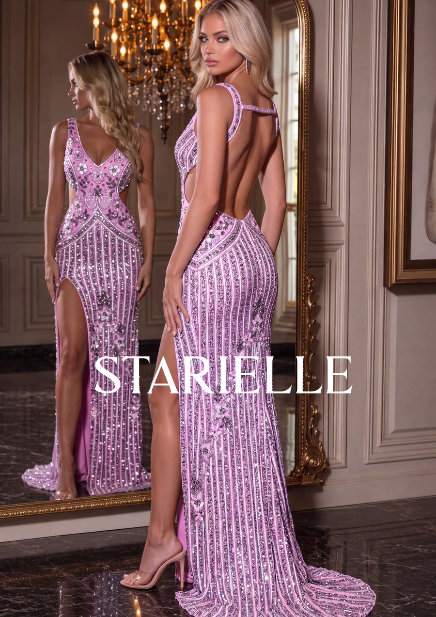 Model in a pink beaded Starielle gown with an open back and high slit